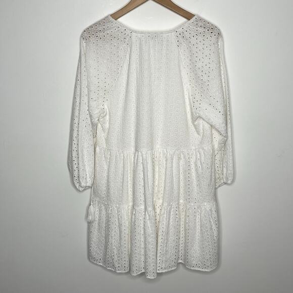 Karina Grimaldi Womens Irina Eyelet Mini Dress XS White Boho Tasseled Tiered - Picture 10 of 11